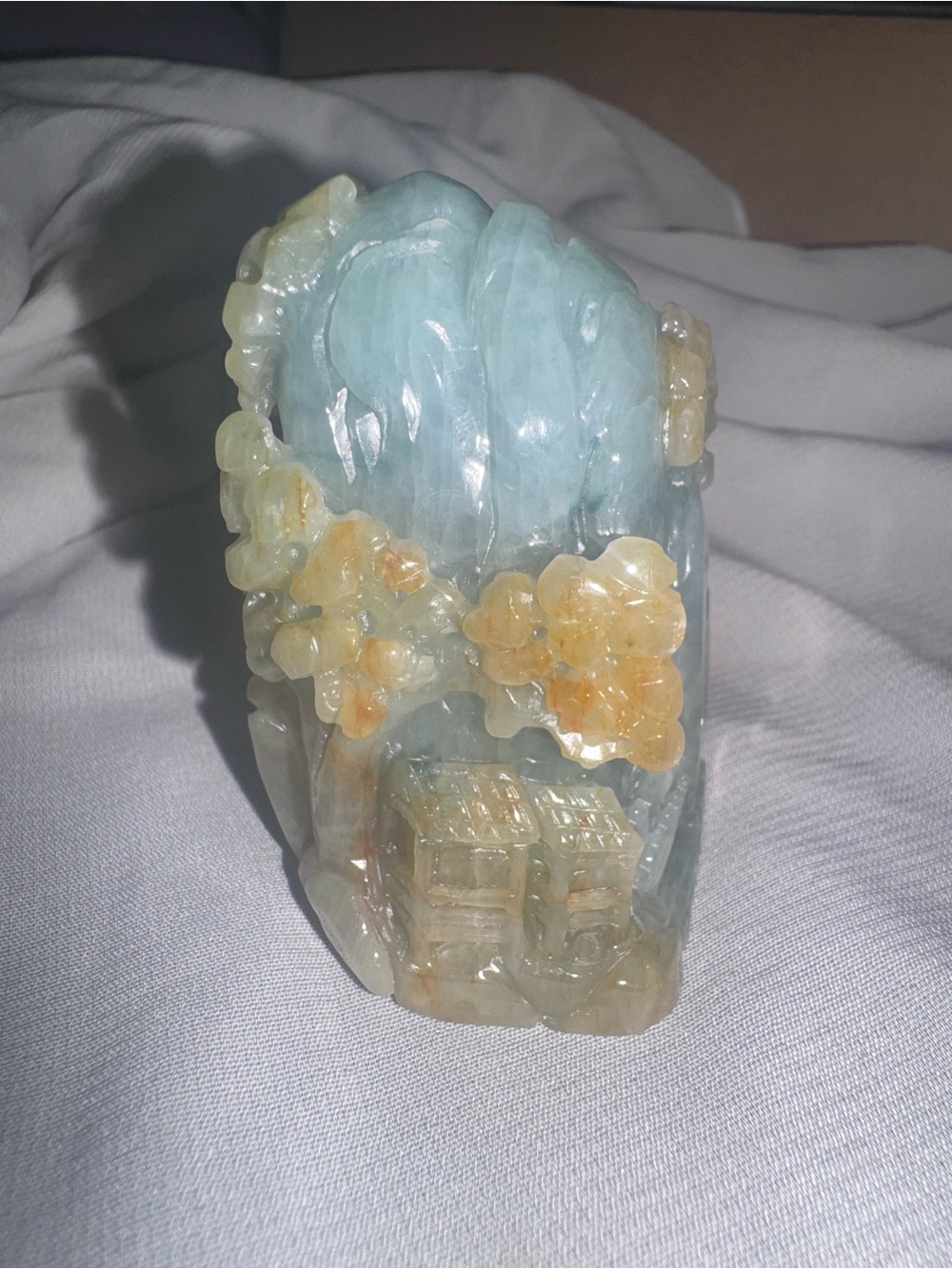 Light Blue and honey yellow Jade Landscape Sculpture